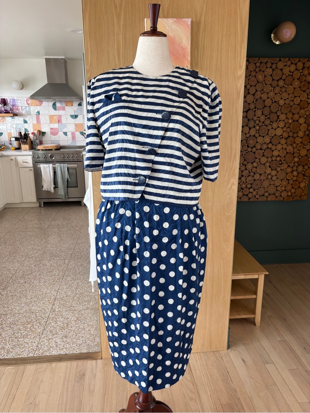 Papell Boutique Navy and White Striped Top with Polka Dot Skirt